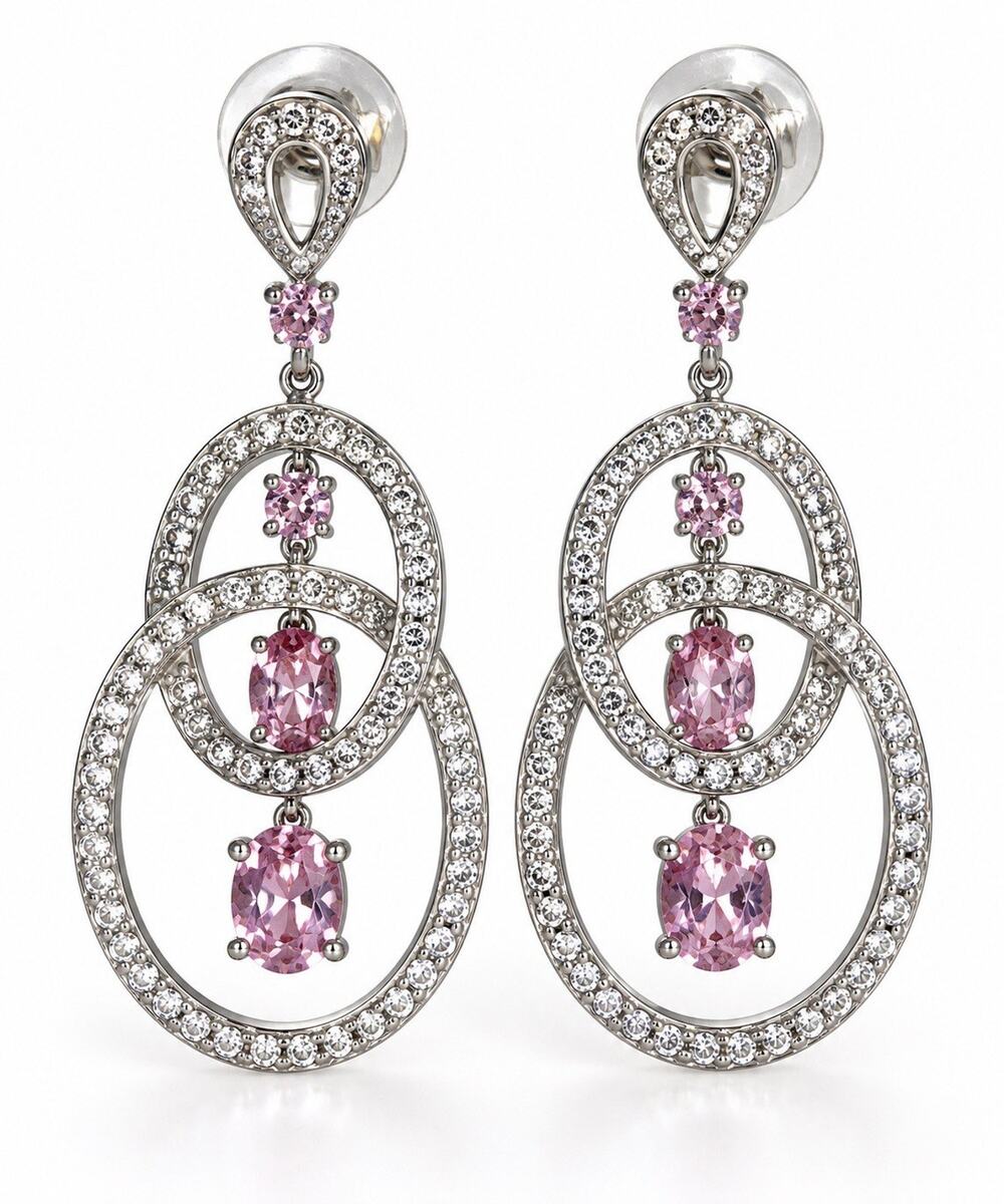 925 Sterling Silver Pink Clear Stone 2” Dangle Drop Statement Earrings